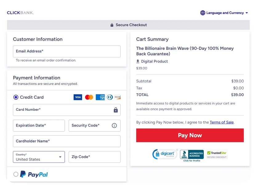 Billionaire Brain Wave checkout page screenshot